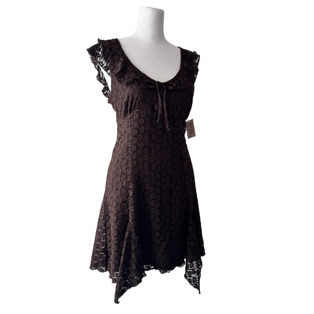 NWT No Comment Dark Brown Lace Ruffle Asymmetrical Stretch Knee Length Dress - Picture 4 of 10